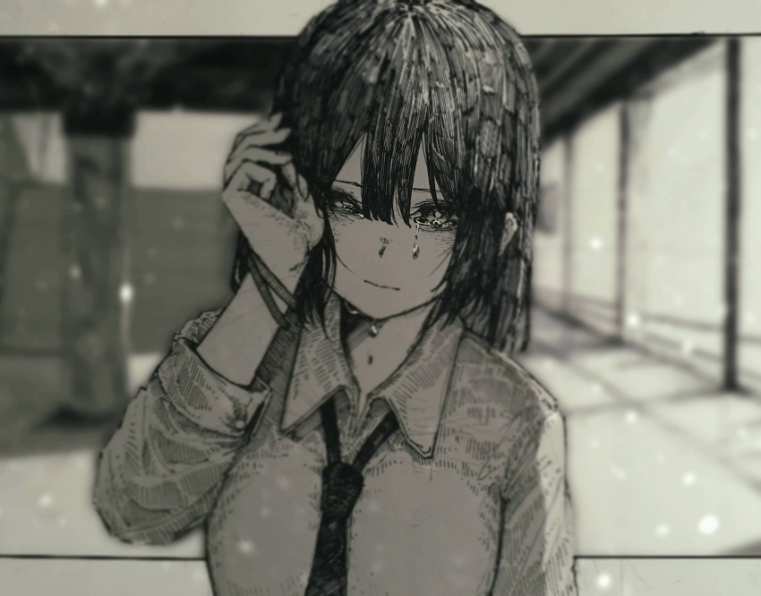 1girl, bangs, blunt_bangs, blurry, blurry_background, bright_pupils, closed_mouth, collared_shirt