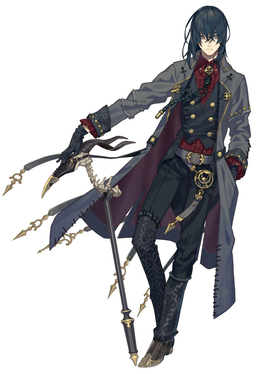 1boy, belt, black_hair, black_pants, brown_footwear, cane, chain, coat