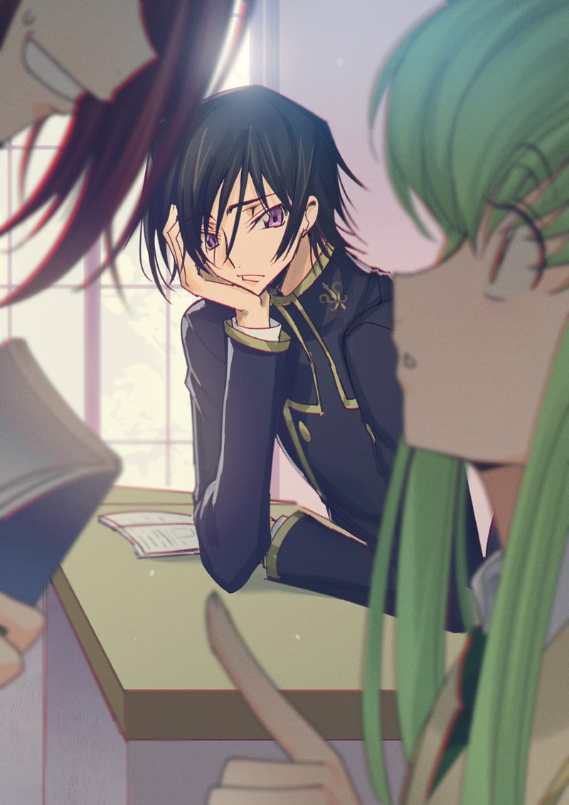 1boy, 2girls, angry, ashford_academy_uniform, black_hair, blurry, book, breasts