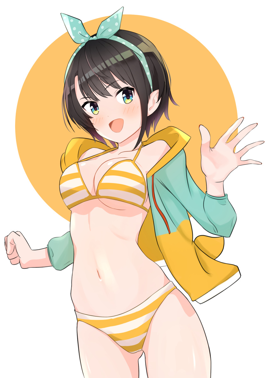1girl, bangs, bikini, blue_eyes, blue_hairband, brown_hair, commentary_request, cowboy_shot