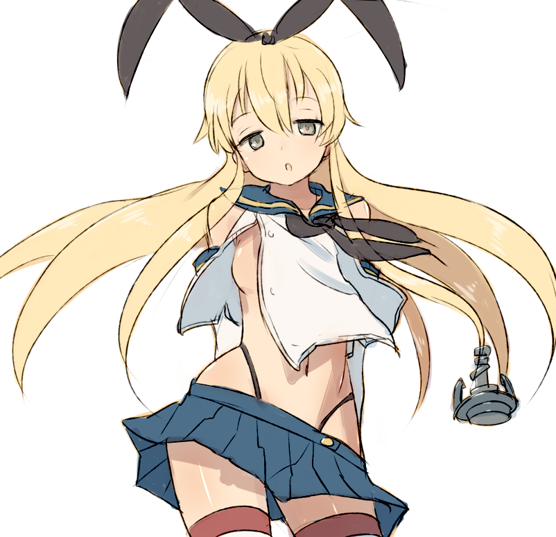 1girl, alchera, anchor_hair_ornament, black_hairband, black_neckwear, black_panties, blonde_hair, blue_sailor_collar