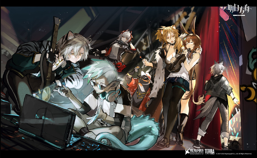 amiya_(arknights), animal_ears, arknights, blonde_hair, brown_hair, earphones, ethan_(ambience_synesthesia)_(arknights), ethan_(arknights)