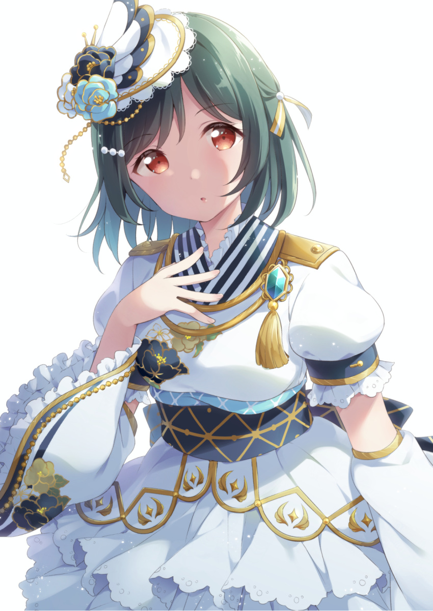 1girl, aiguillette, bangs, black_hair, blue_flower, crystal, dark_green_hair, detached_sleeves