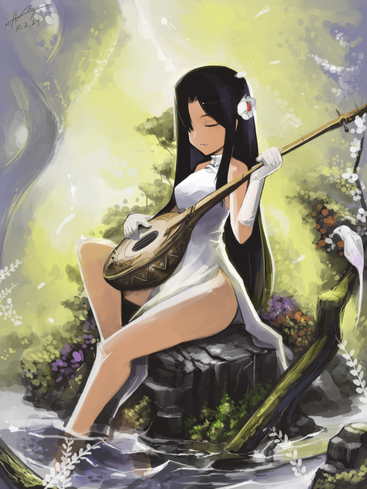 barefoot, bird, black_hair, branch, china_dress, chinese_clothes, closed_eyes, dress, elbow_gloves, feet_in_water, flower, gloves, gua, hair_flower, hair_ornament, hair_over_one_eye, instrument, leaf, leg_up, legs, long_hair, lute_(instrument), nature, no_panties, original, rock, side_slit, signature, sitting, sleeveless, smile, soaking_feet, solo, sunlight, turtleneck, water