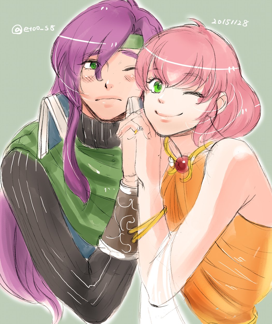2girls, closed_mouth, faris_scherwiz, final_fantasy, final_fantasy_v, green_eyes, headband, highres