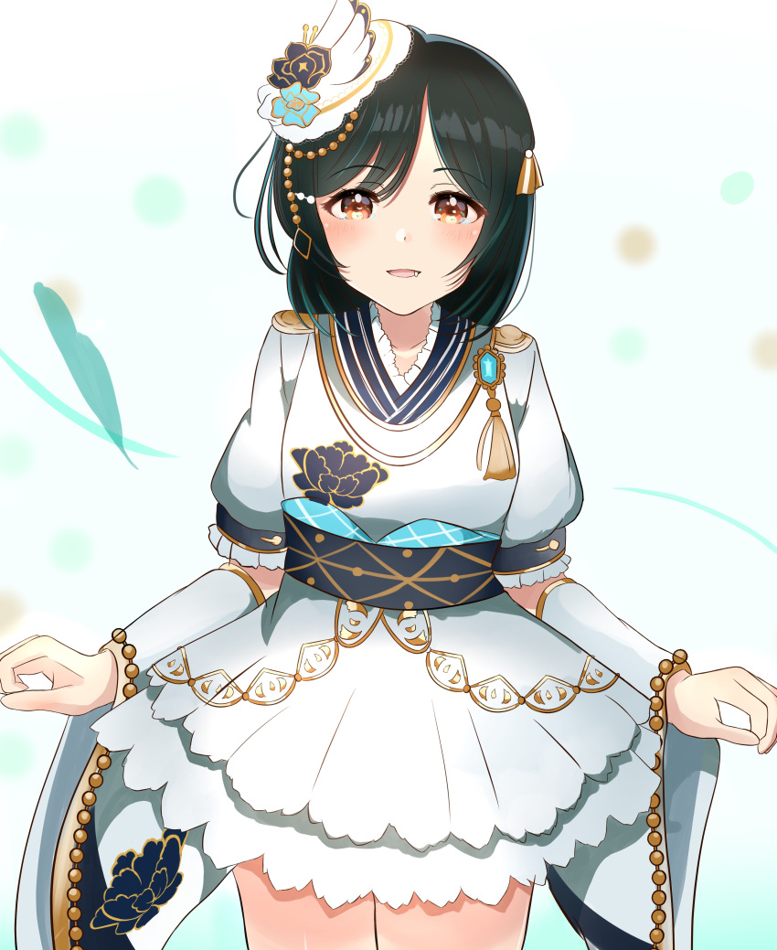 1girl, absurdres, aiguillette, bangs, black_hair, blue_flower, cowboy_shot, crystal
