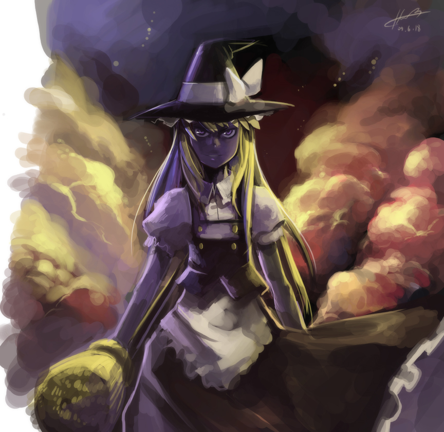 blonde_hair, broom, cloud, clouds, dress, gua, hat, hat_ribbon