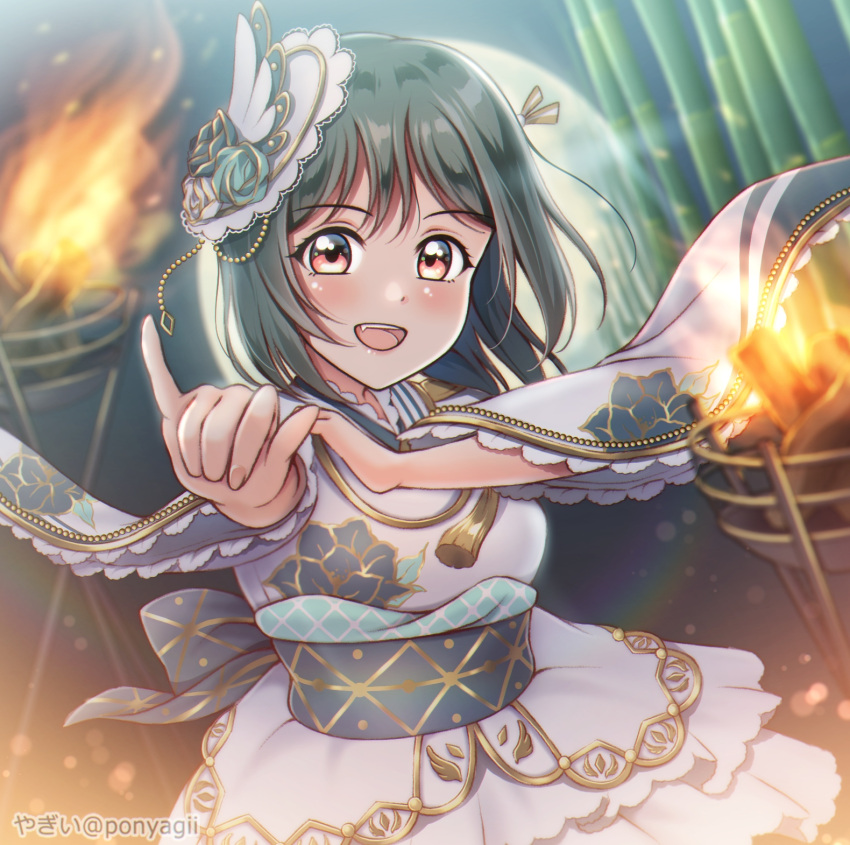 1girl, aiguillette, bamboo, bamboo_forest, bangs, black_hair, blue_flower, crystal