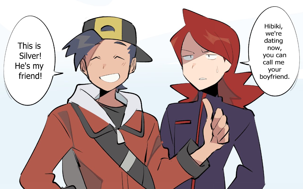 2boys, backwards_hat, bangs, baseball_cap, black_hair, closed_eyes, commentary, couple, english_text, ethan_(pokemon), grin, hat, jacket, long_hair, looking_at_another, male_focus, multiple_boys, parted_lips, pokemon, pokemon_(game), pokemon_hgss, redhead, saturday_(hokawazu), scene_reference, silver_(pokemon), simple_background, smile, speech_bubble, sweatdrop, swept_bangs, thumbs_up, turtleneck, upper_body, zipper_pull_tab