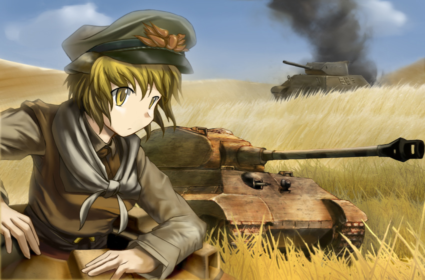 blonde_hair, caterpillar_tracks, fat_(artist), hair_ornament, hat, king_tiger, m10_tank_destroyer, military