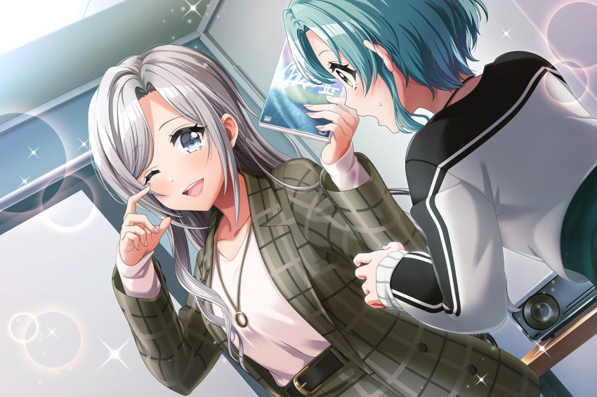 2girls, blue_eyes, blue_hair, blush, d4dj, dress, green_eyes, hanamaki_towa