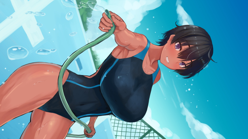 1girl, ass_visible_through_thighs, black_hair, blush, breasts, competition_swimsuit, contrapposto, dark_skin, day, dutch_angle, fence, hair_between_eyes, highres, hose, huge_breasts, looking_at_viewer, natsuishi_nana, one-piece_swimsuit, original, short_hair, sky, swimsuit, tan, tomboy, violet_eyes, water