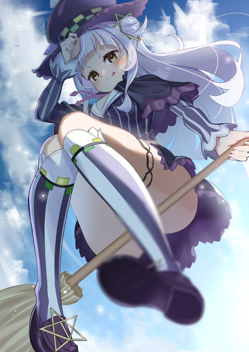 1girl, :q, bangs, black_skirt, blunt_bangs, blush, broom, broom_riding