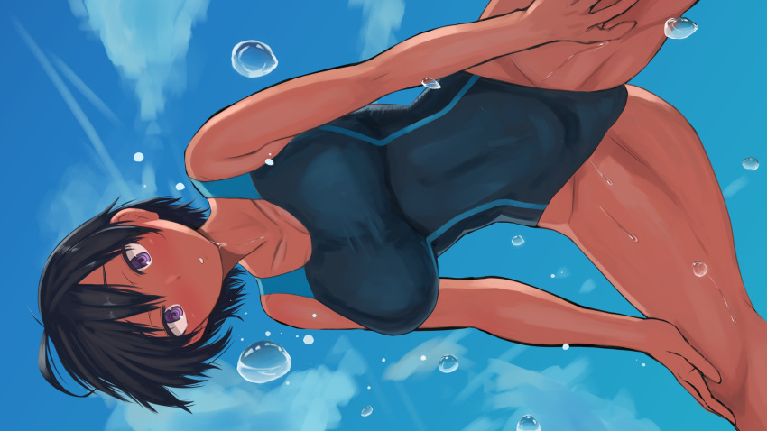 1girl, :o, black_hair, blush, breasts, clouds, collarbone, competition_swimsuit