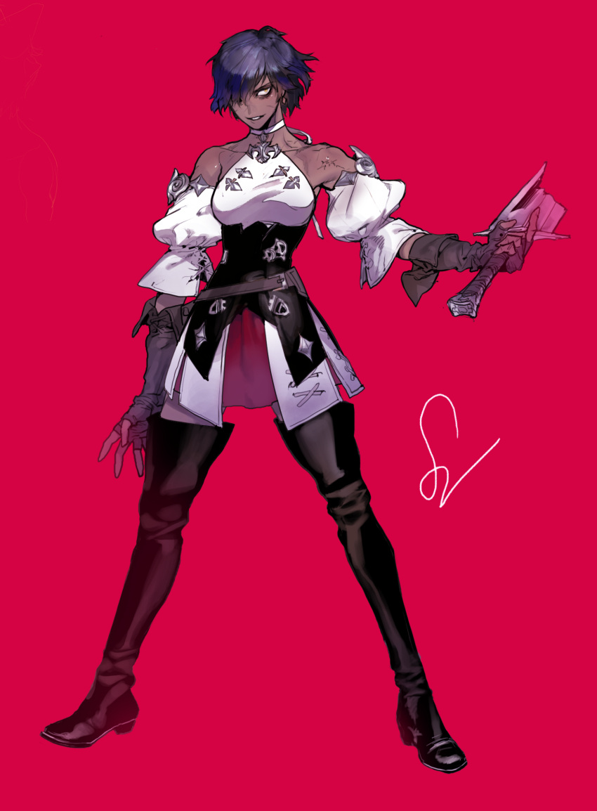 1girl, belt, black_footwear, black_skirt, bob_cut, boots, breasts, broken