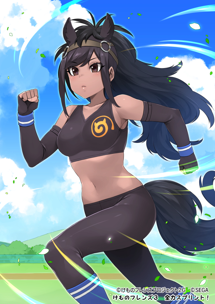 1girl, animal_ears, bare_shoulders, black_gloves, black_hair, black_legwear, blue_sky, breasts