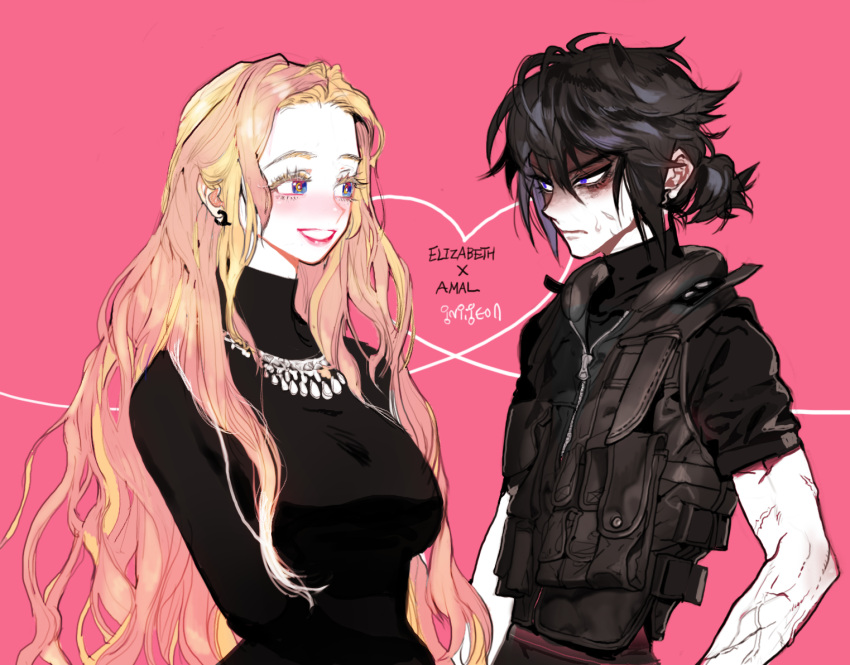 1boy, 1girl, amal_(pigeon666), black_dress, black_shirt, blonde_hair, blue_eyes, breasts