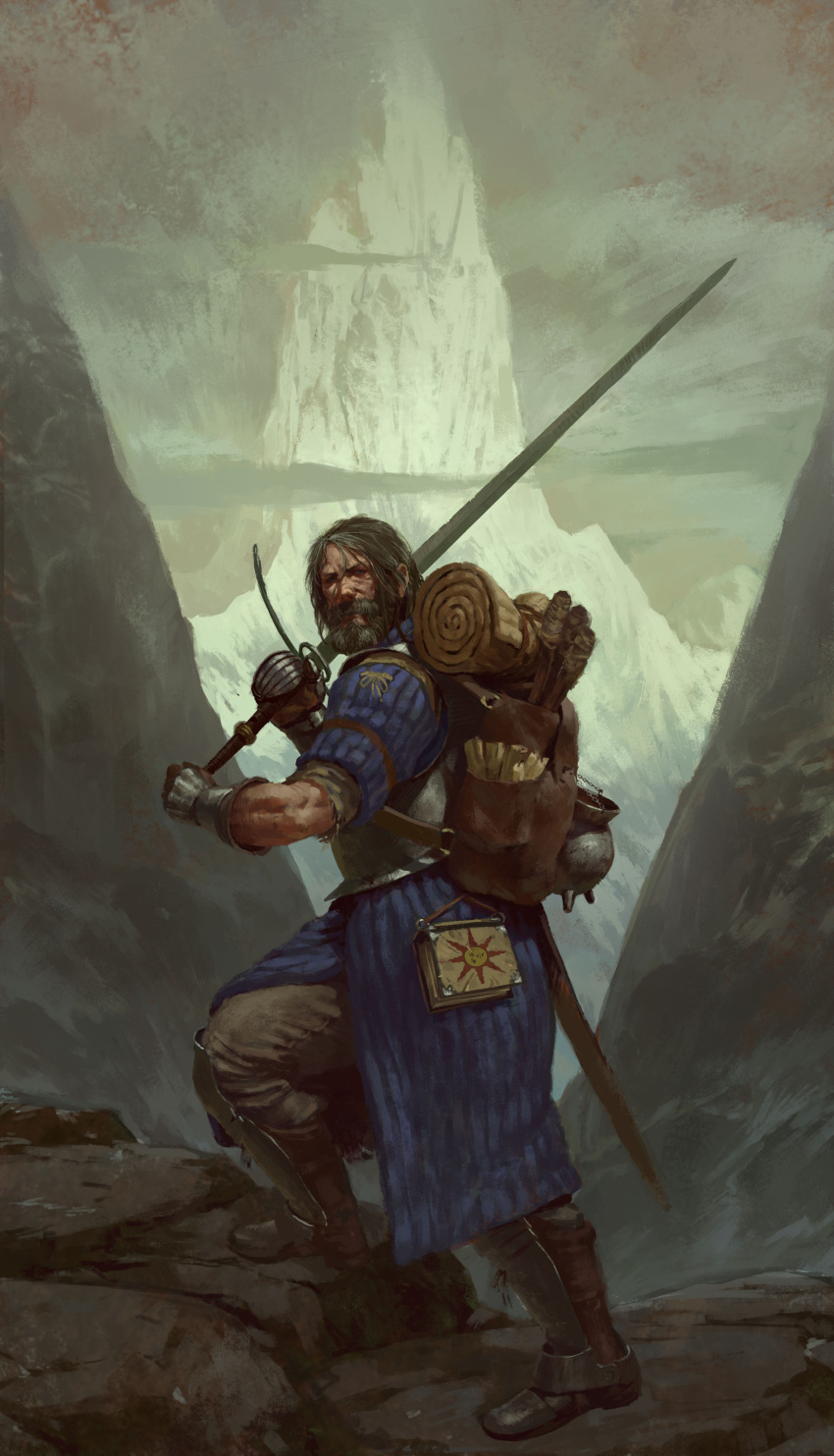 1boy, absurdres, backpack, bag, beard, black_hair, boots, brown_footwear, dark_souls, dungeons_and_dragons, facial_hair, fantasy, from_side, gambeson, gauntlets, grey_pants, highres, holding, holding_sword, holding_weapon, long_sword, looking_at_viewer, male_focus, manuel_castanon, mature_male, mountain, over_shoulder, pants, pot, solo, souls_(from_software), sun_symbol, sword, tent, torch, weapon, weapon_over_shoulder, zweihander