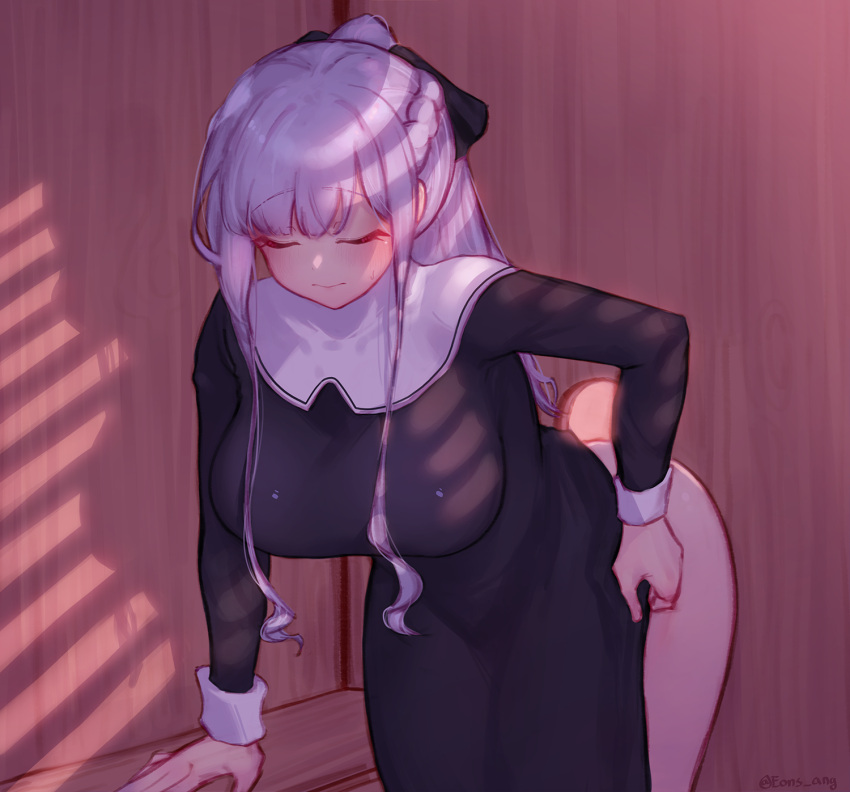 1girl, ak-12_(girls_frontline), bangs, bent_over, black_dress, braid, breasts, closed_eyes, closed_mouth, dress, dress_lift, eonsang, eyebrows_visible_through_hair, girls_frontline, glory_hole, highres, large_breasts, lifted_by_self, long_hair, nun, ponytail, silver_hair, solo