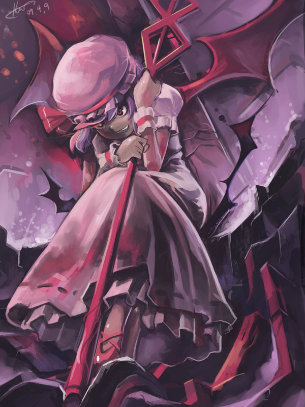 bat_wings, dress, glowing_eye, grin, gua, hat, hat_ribbon, holding