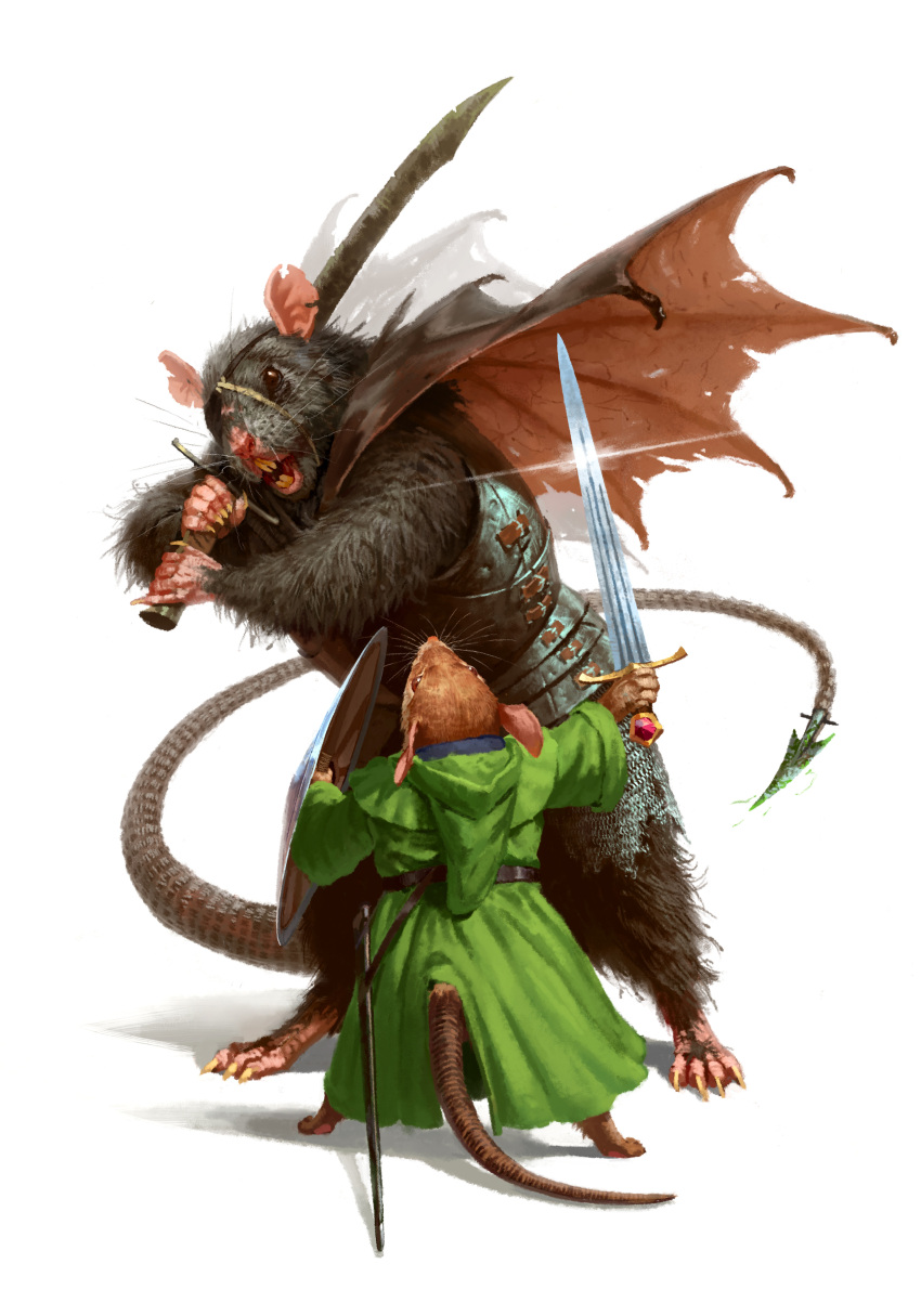 absurdres, buck_teeth, commentary, english_commentary, fantasy, from_behind, green_robe, height_difference, highres, holding, holding_shield, holding_sword, holding_weapon, hood, hood_down, manuel_castanon, mouse, no_humans, rat, redwall, robe, shield, size_difference, sword, tail, two-handed, weapon, wings