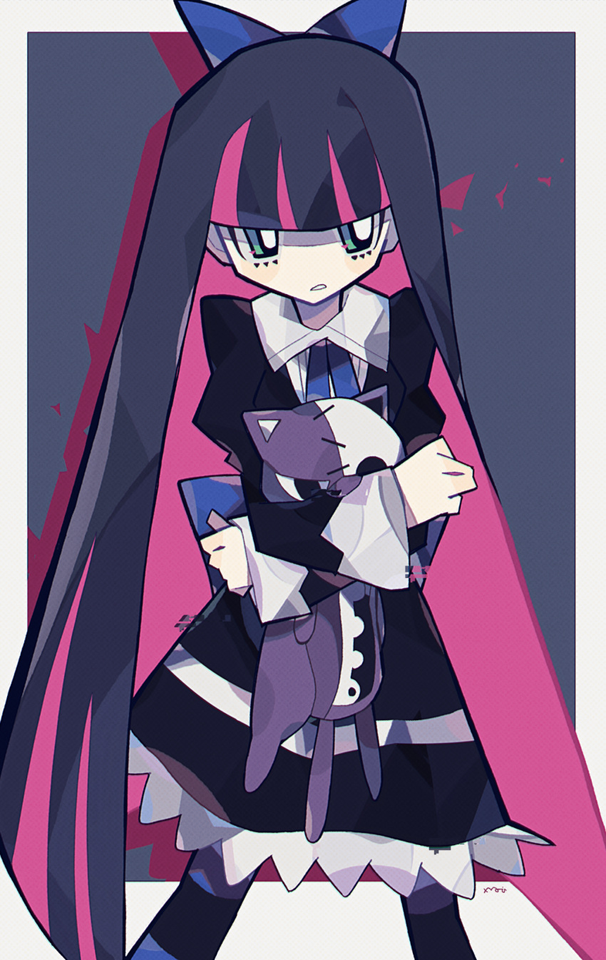1girl, absurdres, bangs, black_dress, black_hair, black_legwear, blue_bow, blue_legwear