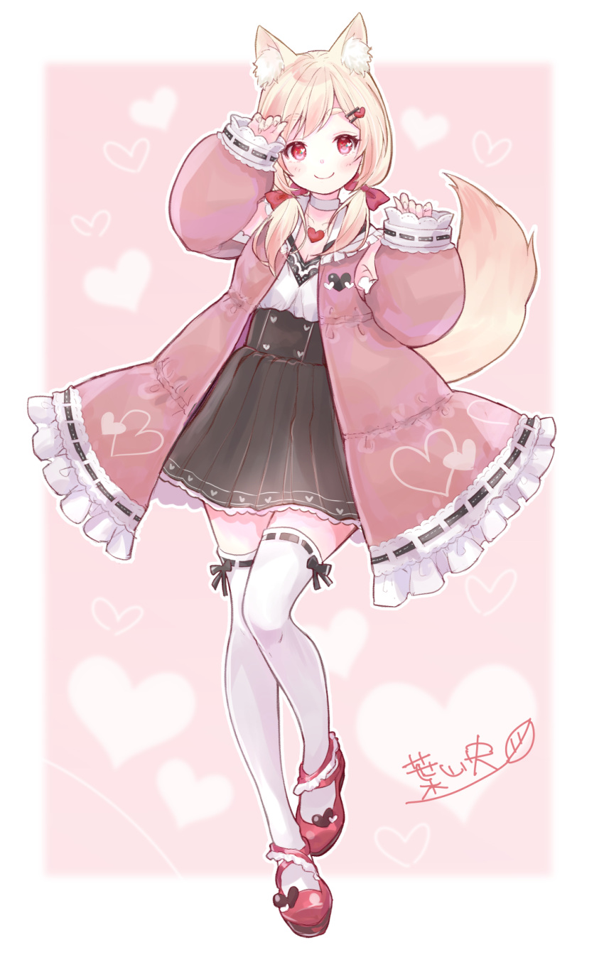 1girl, animal_ear_fluff, animal_ears, black_skirt, blonde_hair, bow, character_request, choker, coat, commission, frilled_coat, full_body, hair_bow, hayama_hisashi, high-waist_skirt, highres, indie_virtual_youtuber, long_sleeves, open_clothes, open_coat, puffy_long_sleeves, puffy_sleeves, ribbon-trimmed_legwear, ribbon_trim, shirt, skeb_commission, skirt, sleeves_past_wrists, smile, tail, thigh-highs, virtual_youtuber, white_legwear, zettai_ryouiki