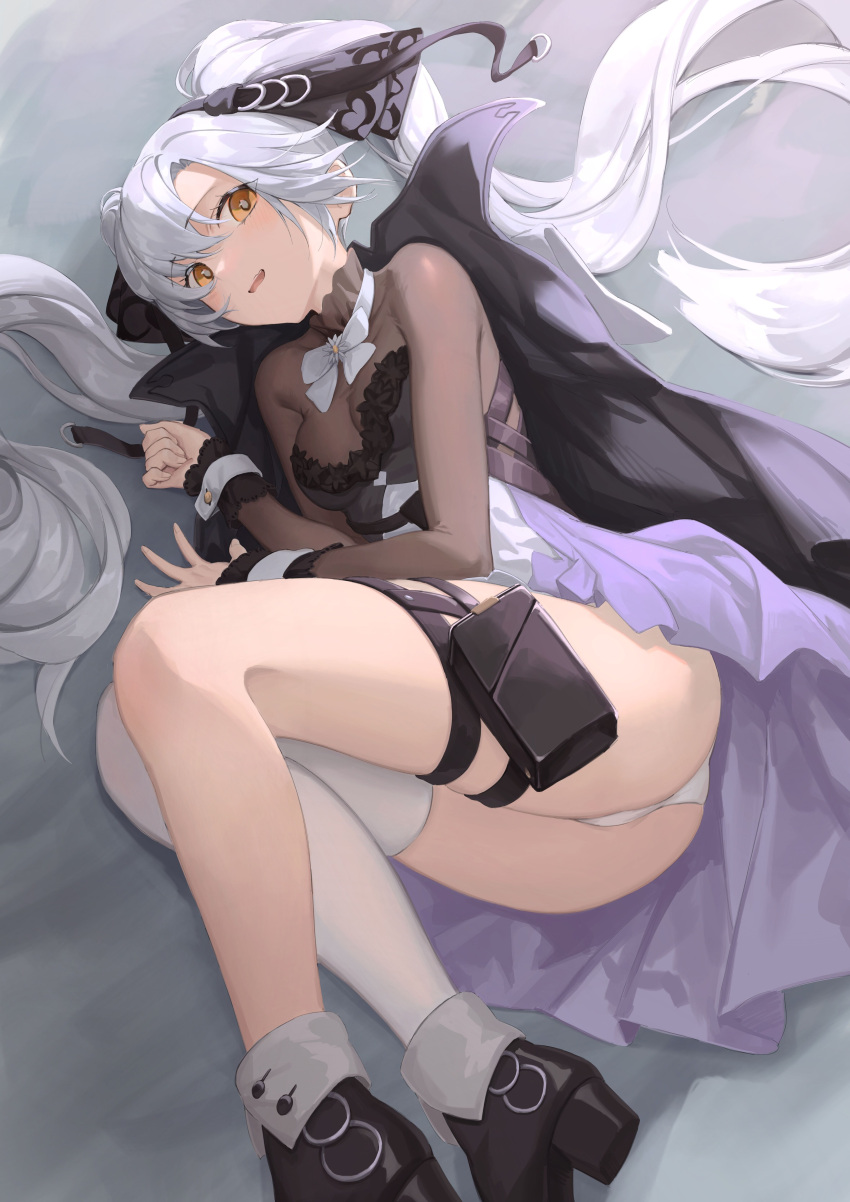 1girl, absurdres, aug_para_(girls_frontline), bangs, black_cape, black_footwear, black_ribbon, bodystocking