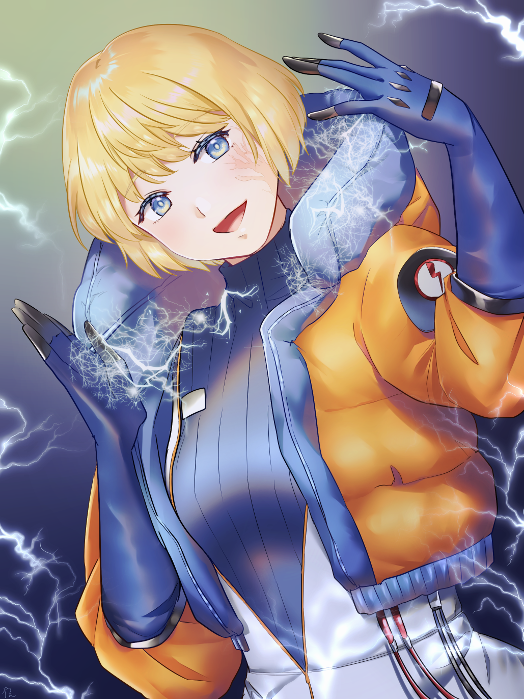 1girl, apex_legends, bangs, blue_bodysuit, blue_gloves, bodysuit, breasts, cable