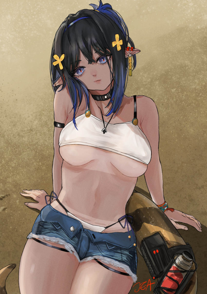 1girl, arknights, arm_strap, bangs, bare_arms, bare_shoulders, black_choker, black_hair