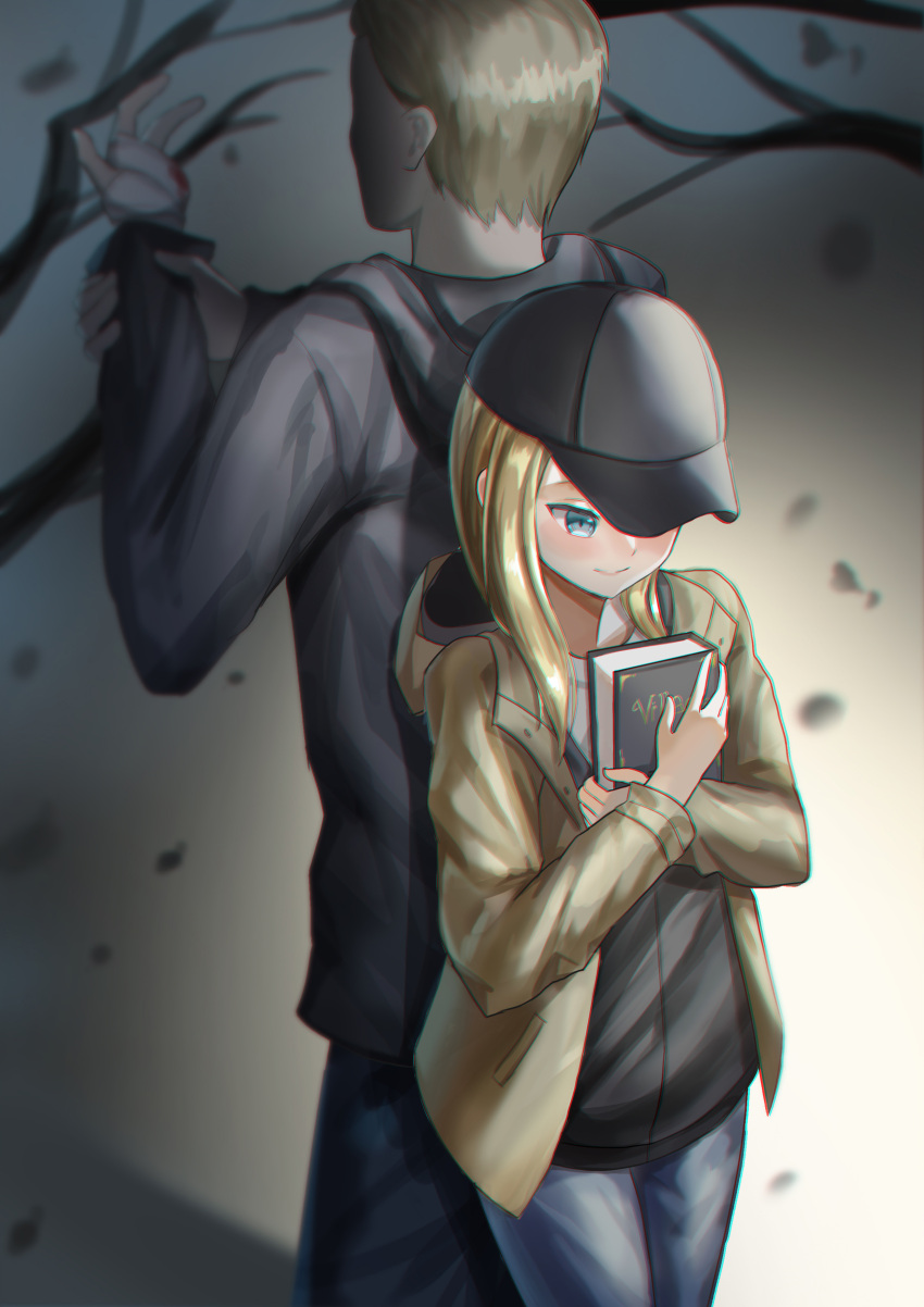 1boy, 1girl, absurdres, back-to-back, bandaged_hand, blonde_hair, blue_eyes, book