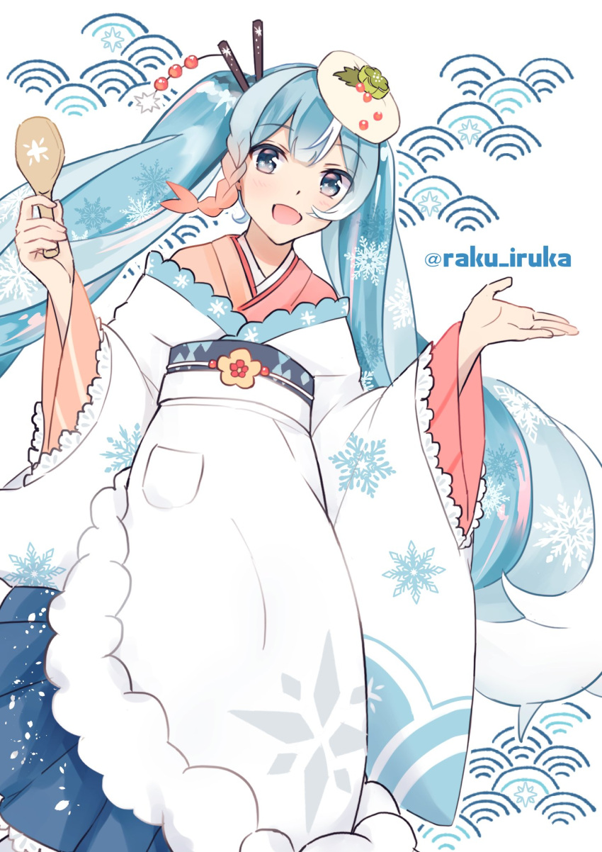 1girl, aqua_eyes, aqua_hair, blue_skirt, braid, chopsticks, commentary, food_themed_hair_ornament