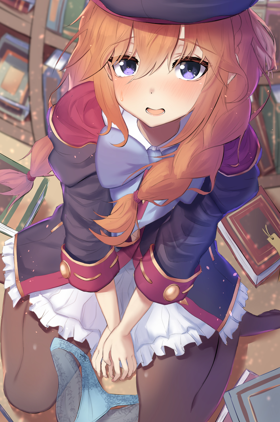 1girl, arms_between_legs, bangs, beret, black_headwear, black_legwear, blue_bow, blue_panties