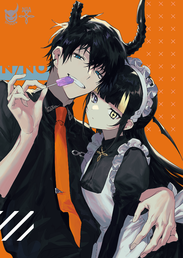 +_+, 1boy, 1girl, apron, bangs, biting, black_hair, black_shirt