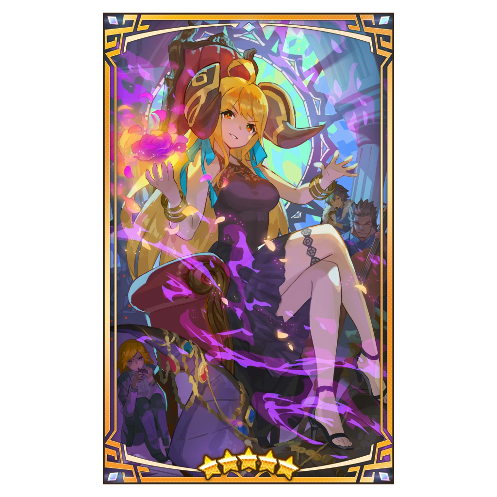 1girl, 3boys, ahoge, alternate_costume, alternate_eye_color, aura, bare_arms, bare_legs, bare_shoulders, blonde_hair, bracelet, breasts, chair, corruption, crossed_legs, cygames, dancing, dark_persona, dragalia_lost, dress, earrings, emile_(dragalia_lost), evil, evil_grin, evil_smile, floating, floating_object, flower, formal, grin, harle_(dragalia_lost), high_heels, indoors, instrument, jewelry, looking_at_viewer, morsayati_(dragalia_lost), multiple_boys, naoki_saito, necklace, nintendo, ocarina, official_alternate_costume, official_art, one_eye_closed, party, petals, possessed, purple_dress, red_eyes, sitting, smile, suit, throne, tiara, valyx_(dragalia_lost), violin, zethia_(dragalia_lost)