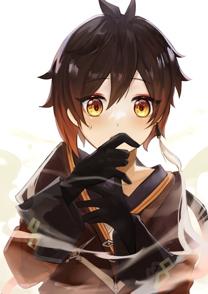 1boy, absurdres, bangs, black_gloves, blush, brown_hair, child, covering_mouth