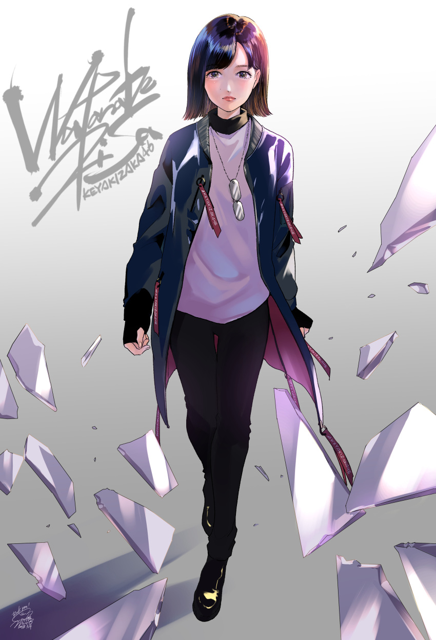 1girl, absurdres, black_footwear, black_hair, black_pants, blue_coat, bob_cut, broken_glass