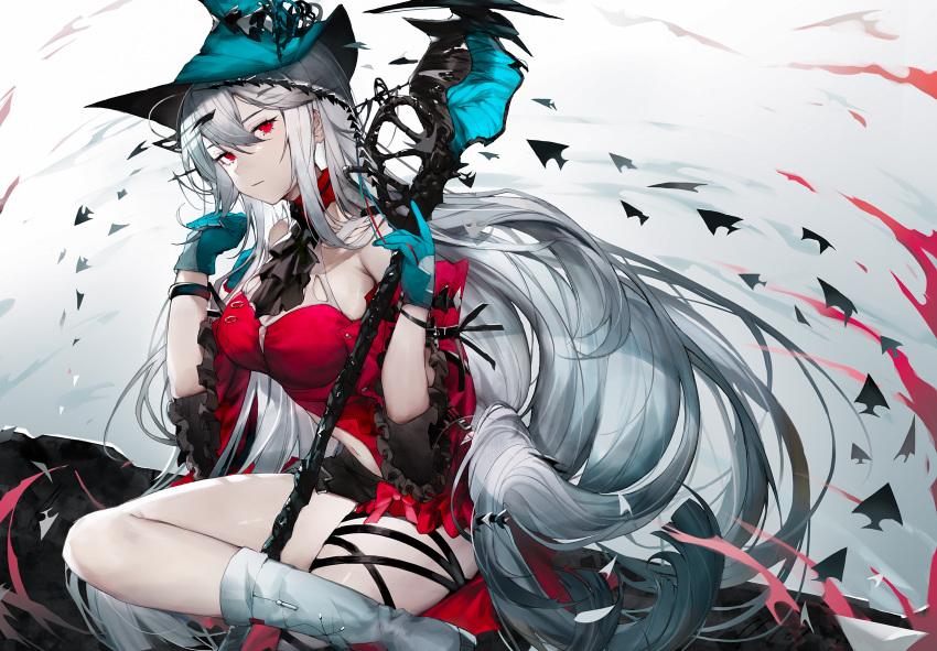 1girl, arknights, bangs, bare_shoulders, black_ribbon, blue_gloves, blue_headwear, boots