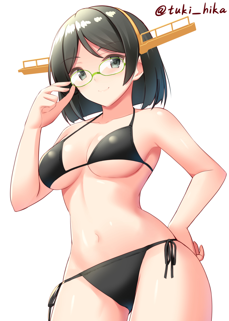 1girl, ass_visible_through_thighs, bangs, bare_arms, bare_shoulders, bikini, black_hair, black_ribbon