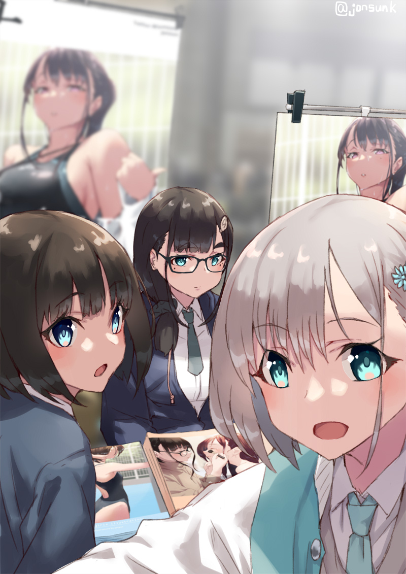 3girls, :d, :o, black-framed_eyewear, blue_eyes, blue_jacket, blush, bob_cut