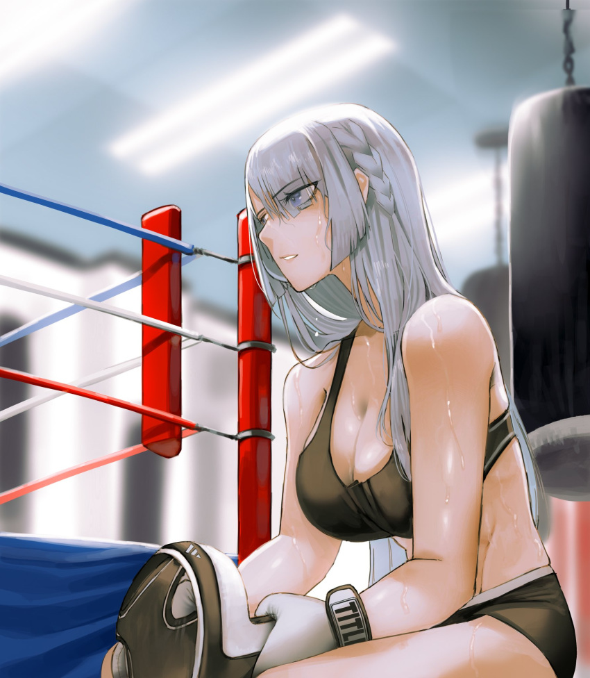 1girl, abs, ak-15_(girls_frontline), black_shorts, black_sports_bra, blurry, blurry_background, boxing_gloves