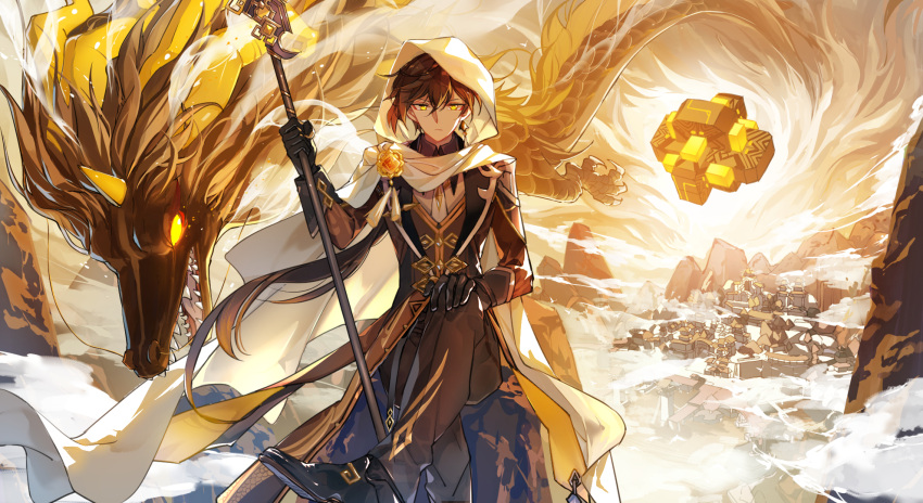 1boy, architecture, bangs, black_footwear, black_gloves, brown_hair, cloak, closed_mouth, clouds, coattails, collared_shirt, crossed_legs, dragon, dragon_horns, earrings, east_asian_architecture, eastern_dragon, eyeliner, floating, floating_object, formal, genshin_impact, gloves, gradient_hair, hair_between_eyes, hand_on_own_knee, highres, holding, holding_spear, holding_weapon, hood, hood_up, horns, jacket, jewelry, limaomao, long_hair, long_pants, long_sleeves, looking_at_viewer, makeup, male_focus, mountain, multicolored_hair, necktie, open_mouth, orange_hair, pants, polearm, ponytail, rex_lapis_(genshin_impact), rock, shirt, shoes, single_earring, sitting, solo, spear, suit, tassel, tassel_earrings, teeth, thumb_ring, tongue, vision_(genshin_impact), weapon, whiskers, white_cloak, yellow_eyes, zhongli_(genshin_impact)