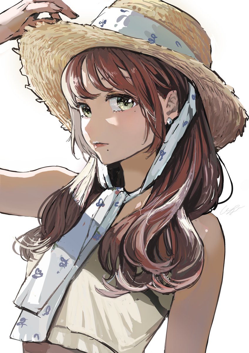 1girl, arm_up, bare_arms, beige_tank_top, brown_hair, closed_mouth, copyright_request, earrings