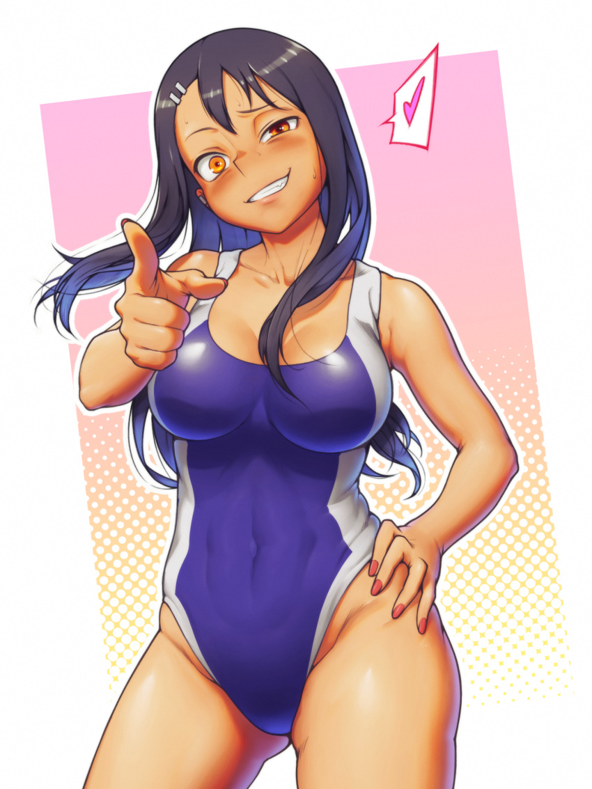 1girl, black_hair, blue_swimsuit, breasts, collarbone, competition_swimsuit, contrapposto, cowboy_shot, dark_skin, grin, hand_on_hip, highres, ijiranaide_nagatoro-san, long_hair, looking_at_viewer, medium_breasts, nagatoro_hayase, nekusasu, one-piece_swimsuit, orange_eyes, pointing, smile, solo, swimsuit