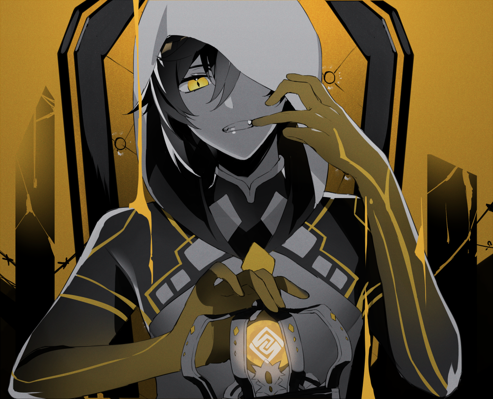 1boy, alternate_costume, arm_tattoo, bangs, bare_shoulders, clenched_teeth, genshin_impact, greyscale