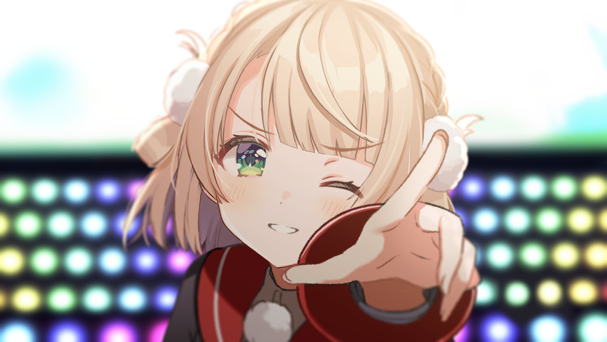 1girl, anniversary, blonde_hair, blurry, blurry_background, green_eyes, hair_pom_pom, highres