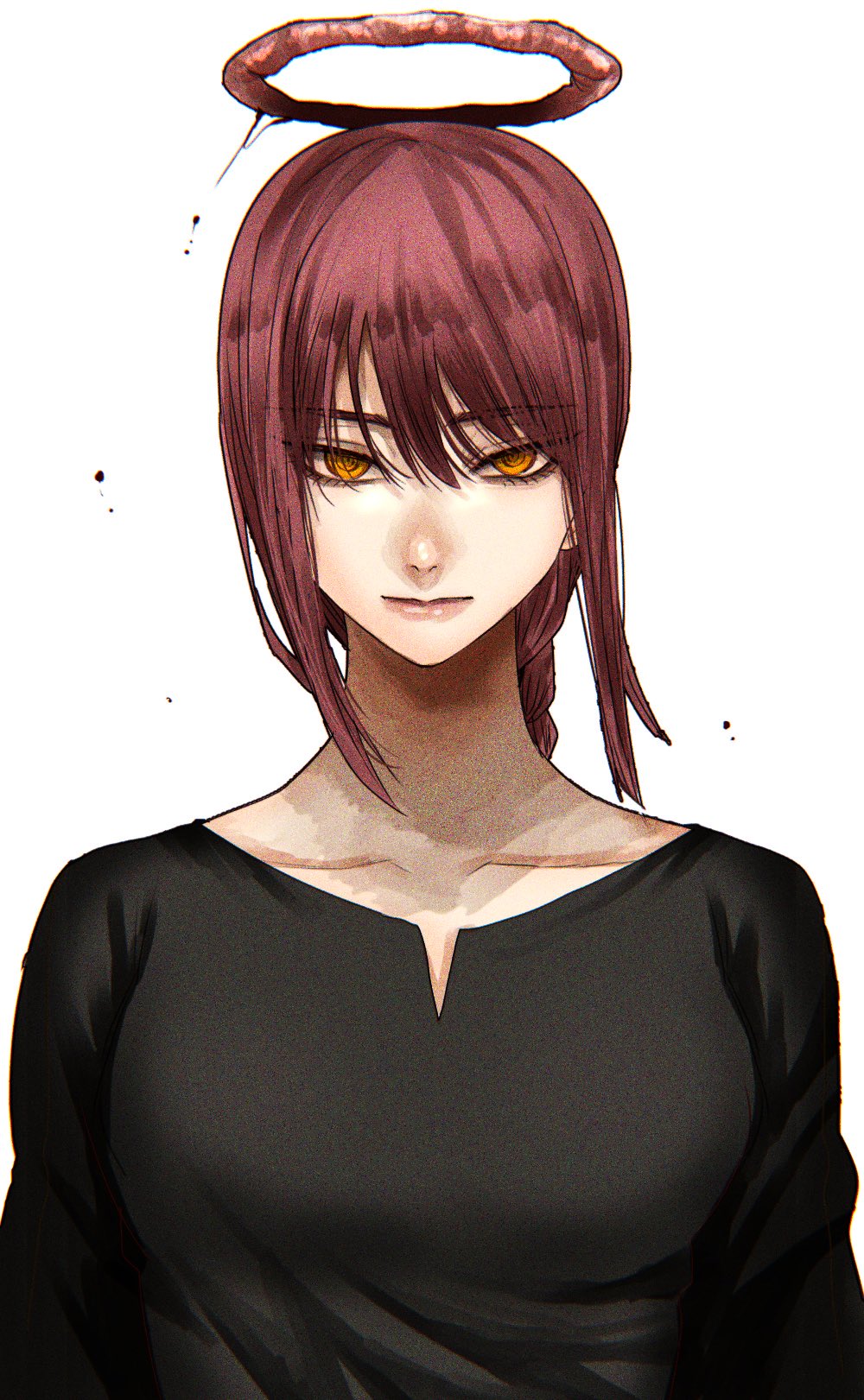 1girl, black_dress, blood_drop, braid, braided_ponytail, breasts, chainsaw_man, closed_mouth