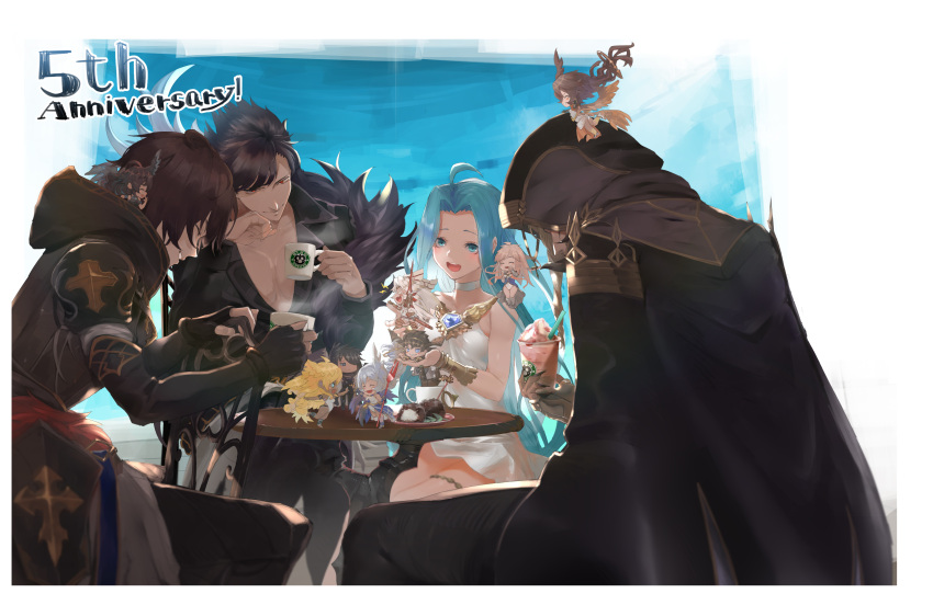 absurdres, ahoge, anniversary, armor, azrael_(granblue_fantasy), beelzebub_(granblue_fantasy), belial_(granblue_fantasy), black_hair, blue_hair, brown_hair, closed_eyes, contrast, dress, feather_boa, fingerless_gloves, gabriel_(granblue_fantasy), gauntlets, gloves, granblue_fantasy, harut_(granblue_fantasy), highres, hood, hood_down, kumonji_aruto, long_hair, lyria_(granblue_fantasy), marut_(granblue_fantasy), michael_(granblue_fantasy), miniboy, minigirl, multiple_boys, multiple_girls, multiple_wings, open_mouth, pectorals, raphael_(granblue_fantasy), red_eyes, sandalphon_(granblue_fantasy), sariel_(granblue_fantasy), seraph, shirt, short_hair, sleeveless, sleeveless_dress, smile, uriel_(granblue_fantasy), very_long_hair, white_dress, white_hair, wings