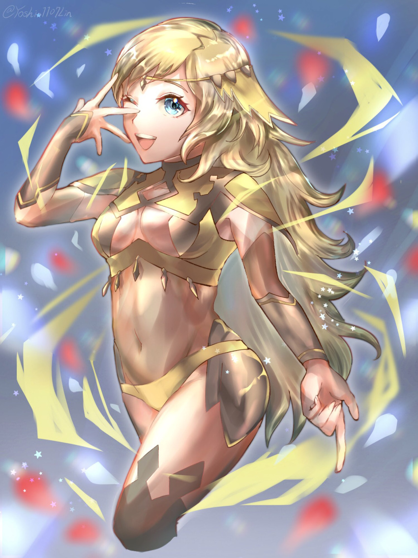 1girl, blonde_hair, blue_eyes, bodystocking, breasts, bridal_gauntlets, fire_emblem, fire_emblem_fates, highres, long_hair, looking_at_viewer, medium_breasts, midriff, one_eye_closed, open_mouth, ophelia_(fire_emblem), outstretched_arm, thigh-highs, turtleneck, upper_body, yoshio1107lin