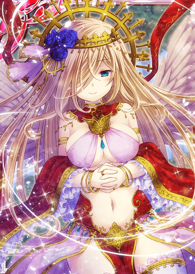 1girl, angel, angel_wings, arabian_clothes, bare_shoulders, blonde_hair, blue_flower, blue_rose